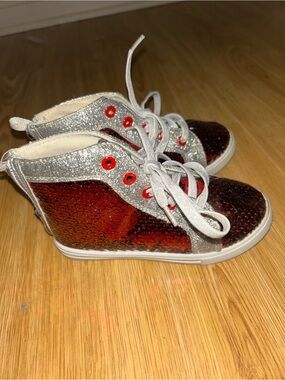 Kids Red Sequin & Silver Glitter High-Top Sneakers